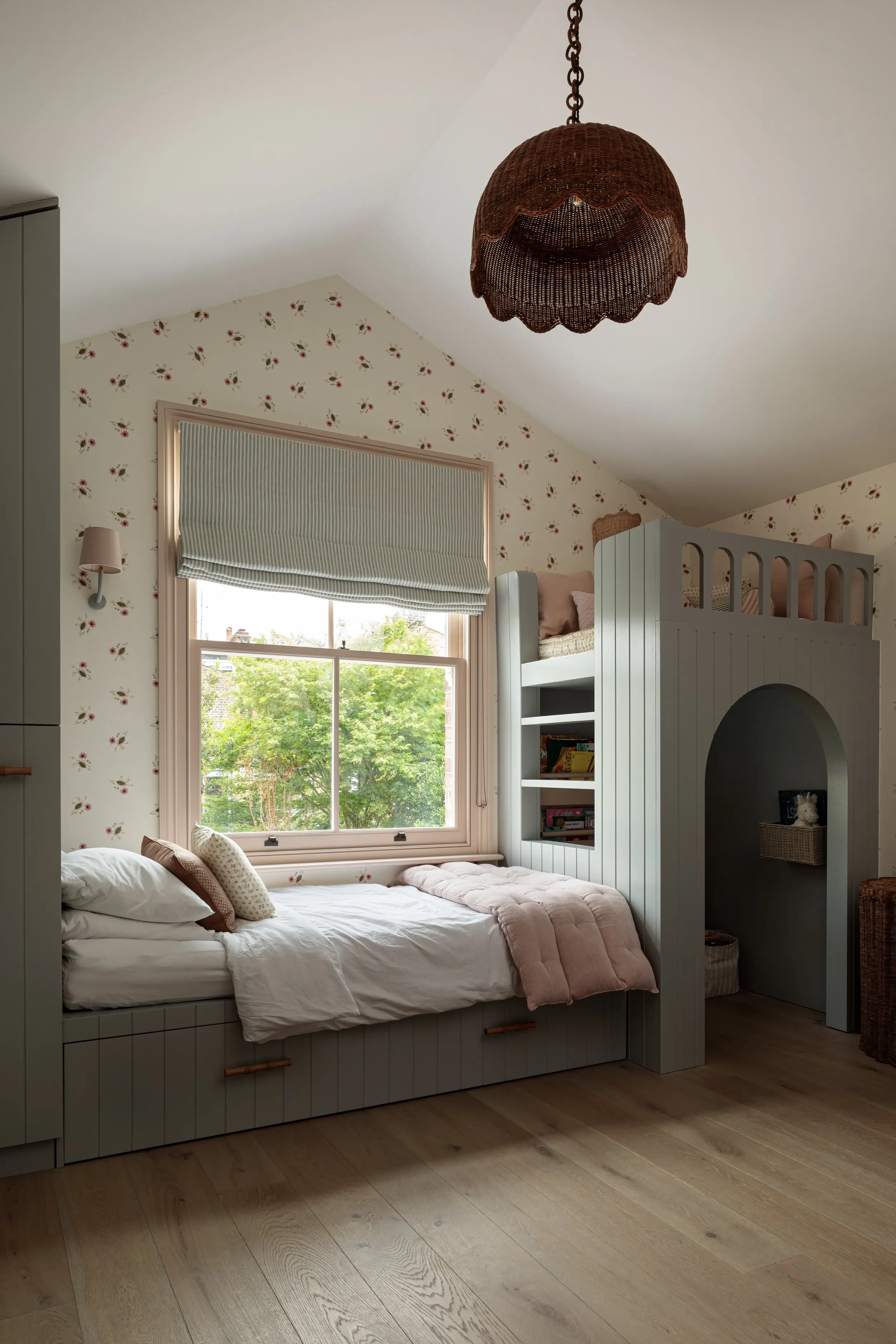 Built-in bunk under the sloping loft ceiling